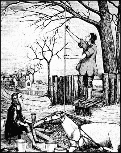 Woodcut of a seated Mr. Hales attending to a lying horse with a standing assistant measuring the height of a vertical column connected to the horse's neck artery.